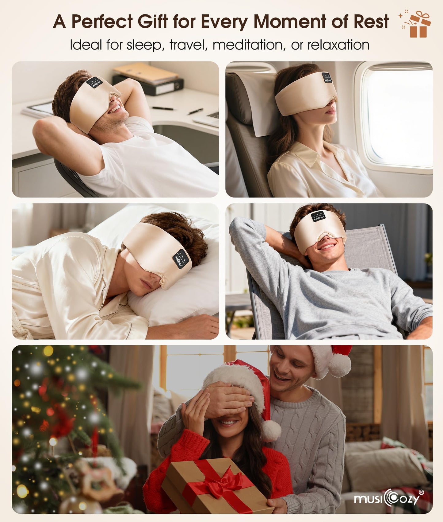 MUSICOZY 3D Silk Bluetooth Sleep Mask Headphones, Mulberry Silk Eye Mask with Ultra-Thin Wireless Speakers, Bluetooth 5.4 Sleeping Headphones for Side Sleepers, Music Sleep Mask Gifts for Men Women