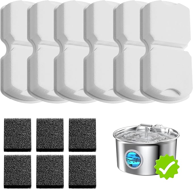 UMOCUOY Cat Water Fountain Filter: 12 Pet Fountain Replacement Screen for Stainless Steel - 6 Carbon Filters & 6 Foam Filt...