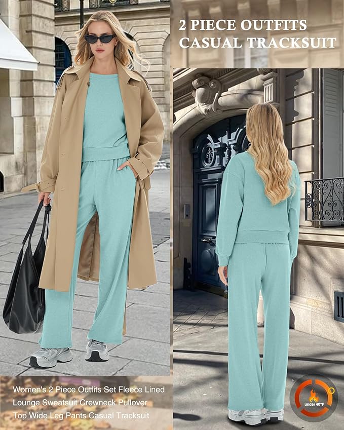 Sweetyweee Women's 2 Piece Outfits Set Fleece Lined Lounge Sweatsuit Crewneck Pullover Top Wide Leg Pants Casual Tracksuit