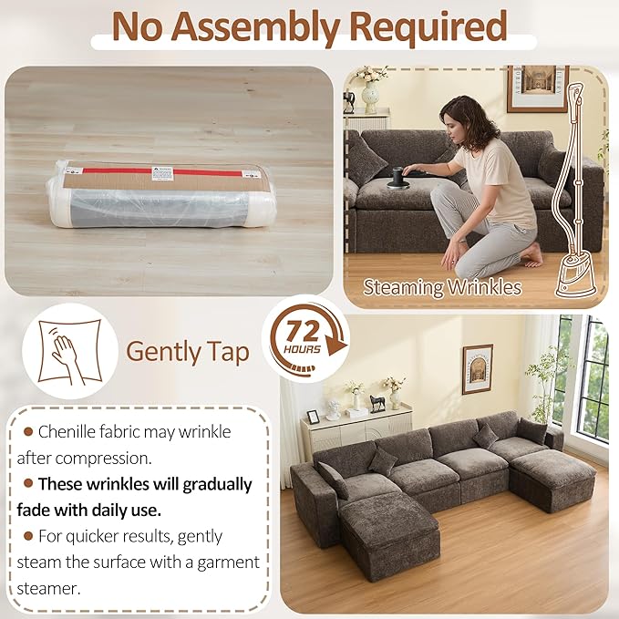 155''Cloud Boneless Sectional Couch, Modular Sectional Sofa Deep Seat with 2 Ottomans, Oversized Upholstered Convertible Comfy 6 Seater Chenille Sofa U Shape Couches for Living Room, Brown
