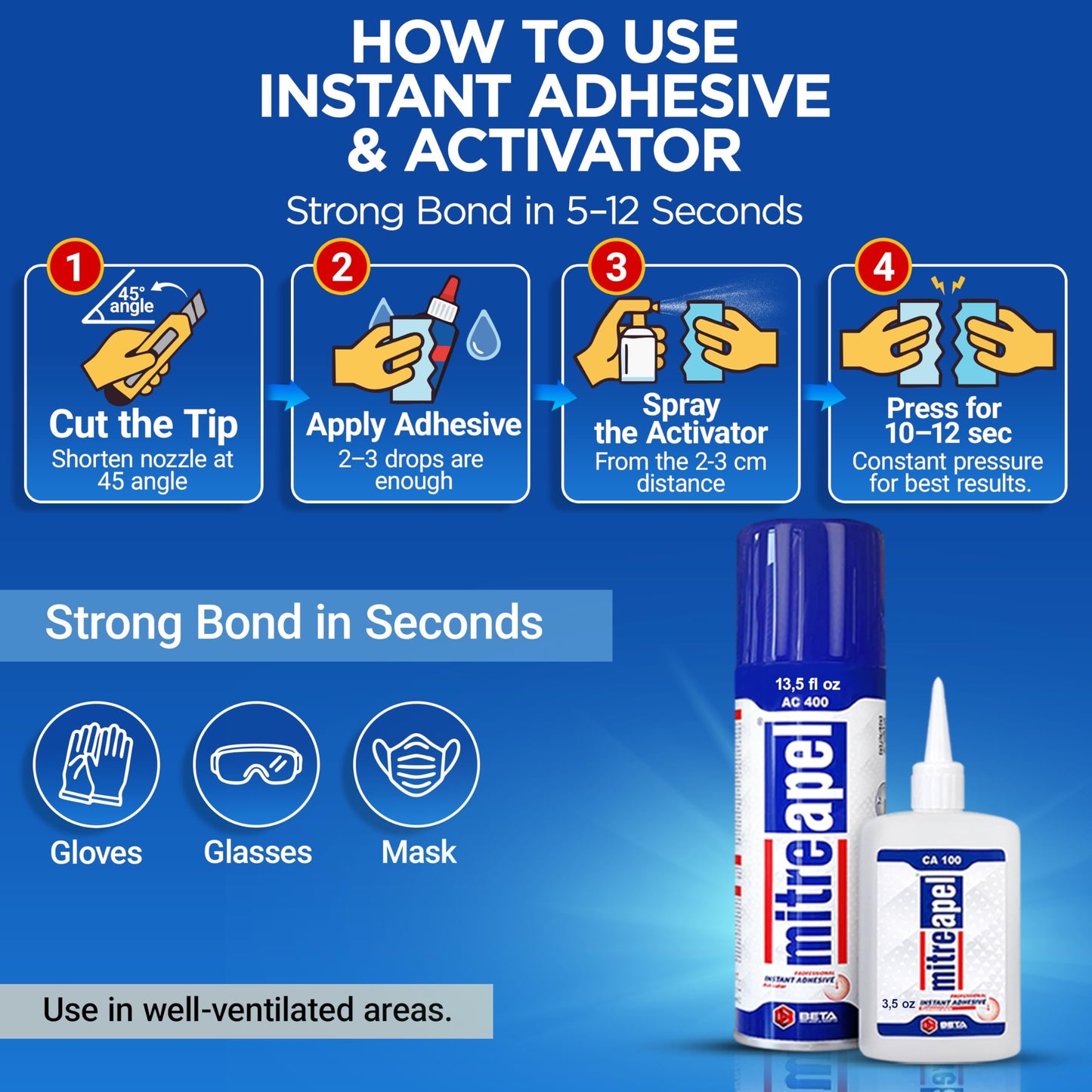 MITREAPEL CA Glue with Activator Kit 2x1.7oz-2x6.76 floz Instant Bond Professional Cyanoacrylate Adhesive and Super Glue Accelerator for Woodworking with Extra Caps&Microtips,DIY&Craft, Plastic,Repair