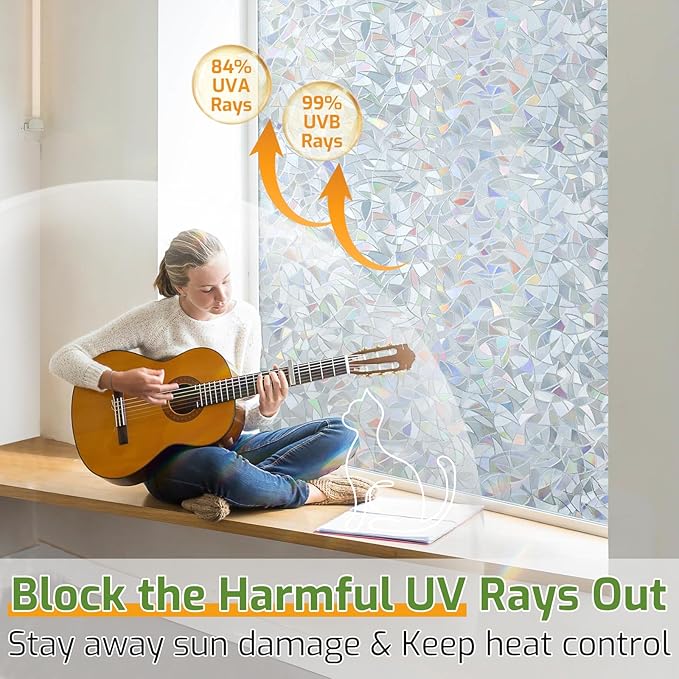 LUTE Window Privacy Film, Rainbow Window Flim, 3D Decorative Stained Glass Cling, Non-Adhesive Vinyl Static Cling UV Blocking Heat Control One Way Glass Covering for Home, Silver, 17.5 x 78.7 inches