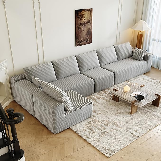 139.4" Modular Sectional Sofa, U-Shaped Minimalist Couches with Ottoman and Middle Seat, Modern Deep Seat Convertible Sleeper Sofa Bed, Reversible Chaise, Cloud Plush Corduroy Fabric,6 Seater, Grey