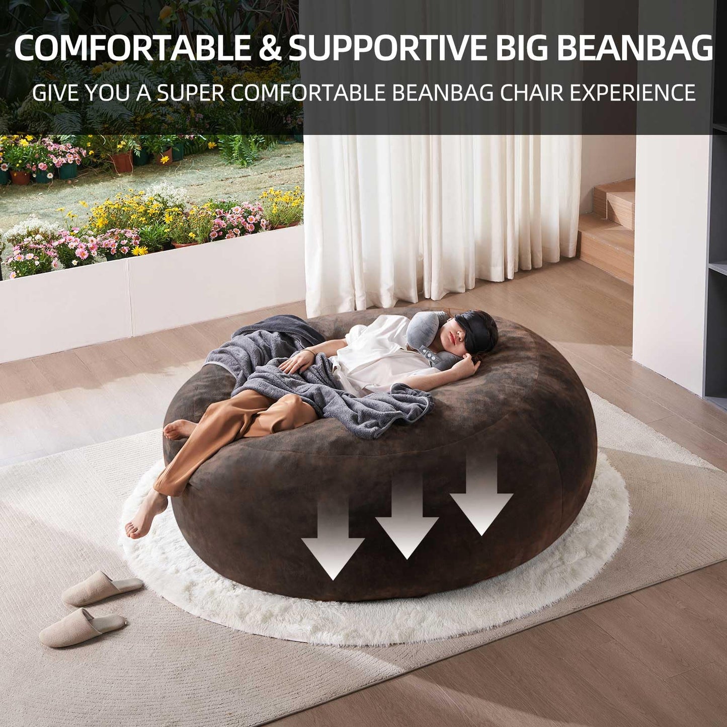 6FT oversized bean bag chairs for adults bean bag with filler included memory foam bean bag Soft and comfortable giant bean bags, living room furniture, suitable for bedroom dorm balcony chairs(Brown)