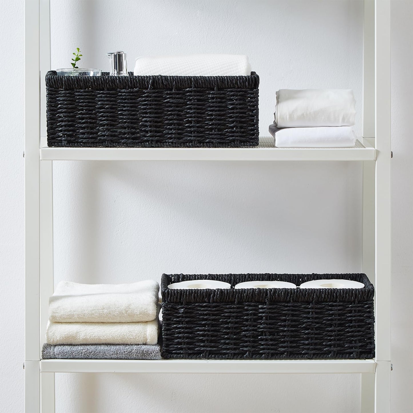 Vagusicc Wicker Storage Basket, Paper Rope Wicker Baskets with Handles, Toilet Paper Basket for Toilet Tank Top, Small Wicke Baskets for Organizing Shelves, 2-Pack, Black