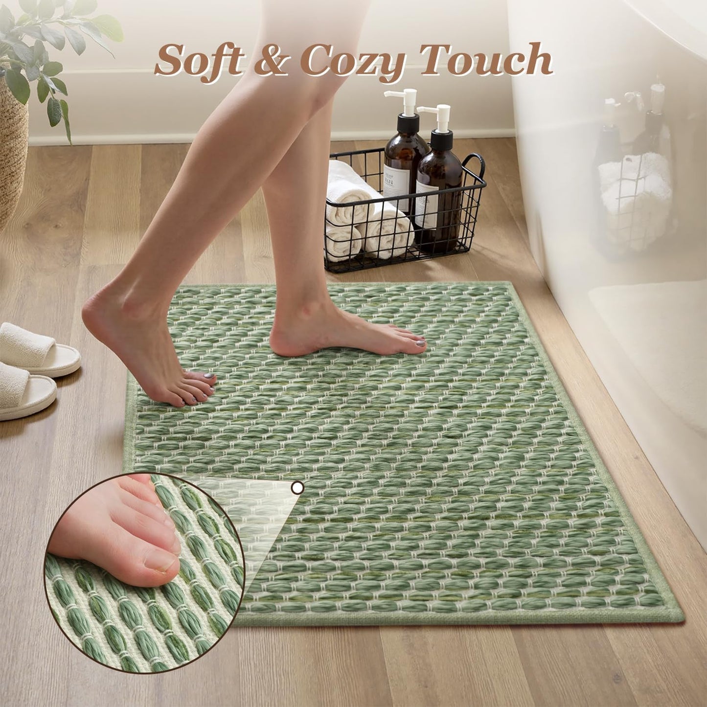 AMOAMI Unique Woven Bath Mat, Super Absorbent Non Slip Bath Mat, 18" x 30", Sage