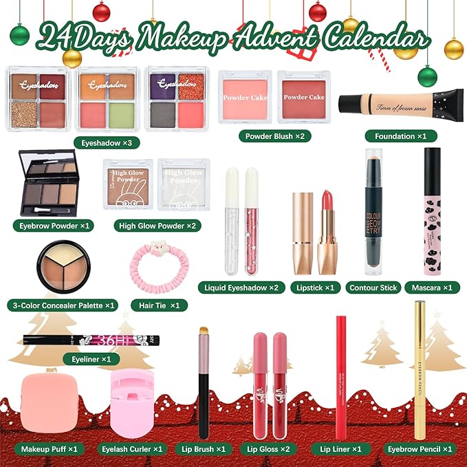Makeup Advent Calendar 2025 for Teen Girls & Women，24 Days Christmas Countdown Calendar Makeup Gift Set, 2025 Xmas Gift Surprise Box Calendar Full Beauty Kit