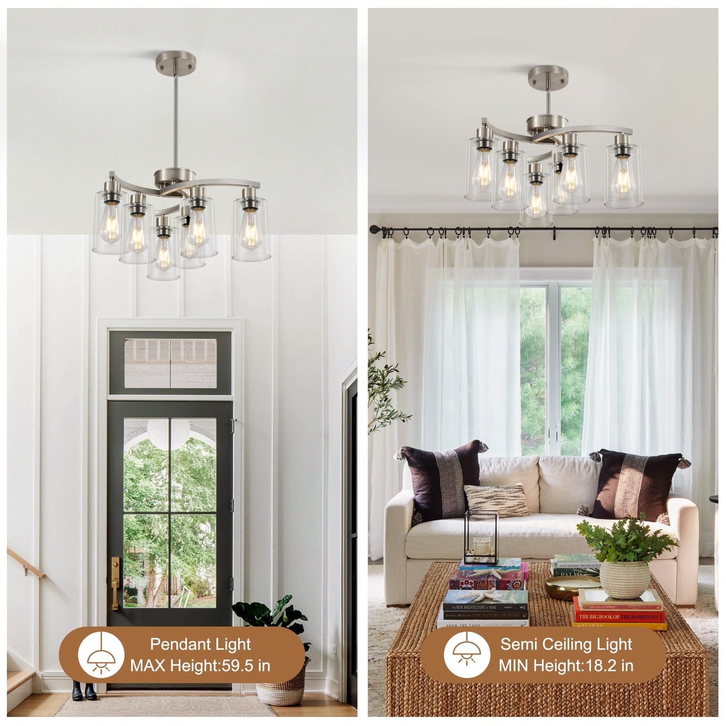 Sigaitwei 6 Light Farmhouse Brushed Nickel Chandelier,21.7" Modern Chandeliers for Dining Room Light Fixtures Over Table,Pendant Lights Kitchen Island,Metal Bracket with Downward Clear Glass Shade