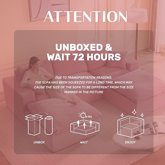 Afuson 107" Boneless Couch with Deep Seat, Modular Sectional Sofa, Cloud Sectional Couch for Living Room, No Assembly Required, Corduroy, U-Shape 3 Seater Right, Pink