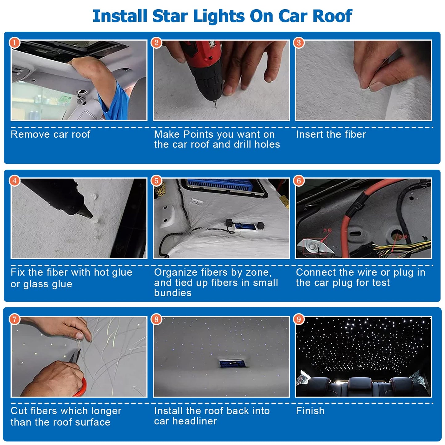 AMKI 16W Starlight Headliner Kit 500pcs 0.03in 9.8ft Twinkle+Sound Activated Fiber Optic Light APP/Remote Control for Car Home Star Ceiling Decoration