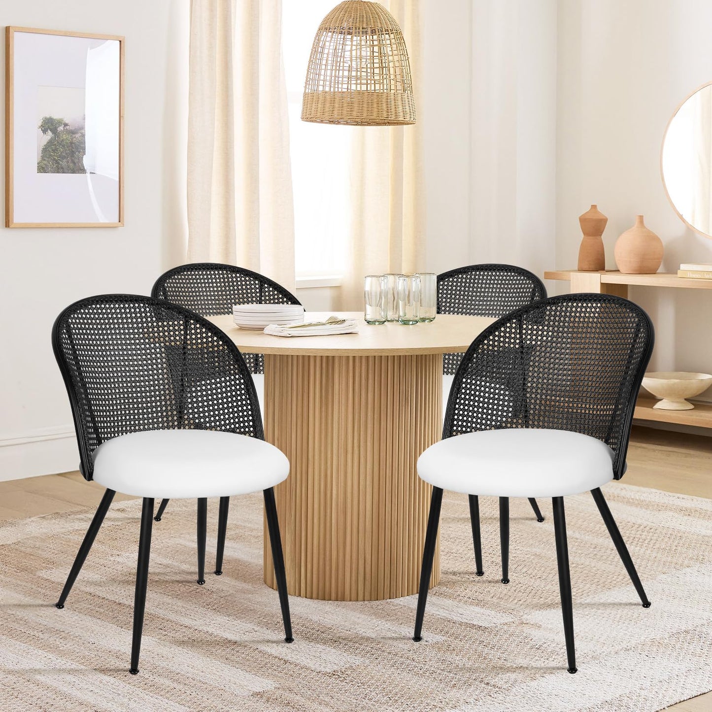 Bekrvio Rattan Dining Chairs Set of 4, Faux Leather Upholstered Dining Chairs with Black Cane Back, Mid-Century Modern Farmhouse Armless Accent Chairs for Kitchen Dining Room, Restaurant, White