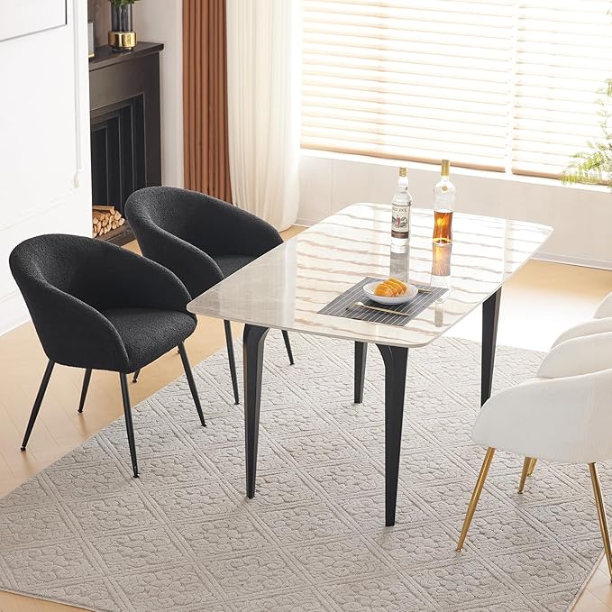 YDcosyfy Modern Small Accent Chair Set of 2, Comfy Sherpa Makeup Vanity Chair with Metal Legs, Decorative Chair no Wheels for Living Room, Dressing Room, Bedroom, Black