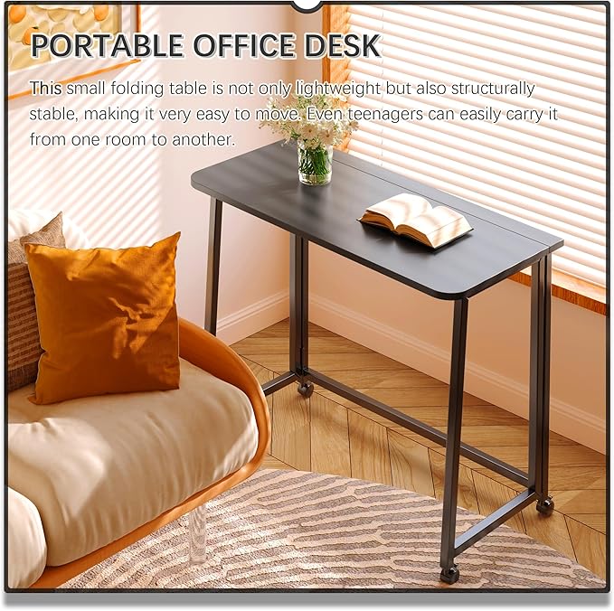 4NM 31.5" Mobile Small Folding Desk, Foldable Rolling Computer Home Office Desk, Study Writing Table for Small Space Saving Bedroom, with Wheels - All Black