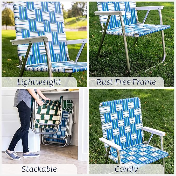 Lawn Chair USA - Outdoor Chairs for Camping. Made with Lightweight Aluminum Frames and UV-Resistant Webbing. Folds for Easy Storage 2- Pack (Sea Island with White Arms, Magnum)
