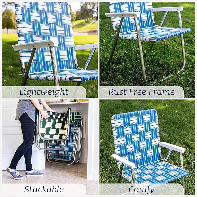 Lawn Chair USA - Outdoor Chairs for Camping. Made with Lightweight Aluminum Frames and UV-Resistant Webbing. Folds for Easy Storage 2- Pack (Charleston with Green Arms, Magnum)