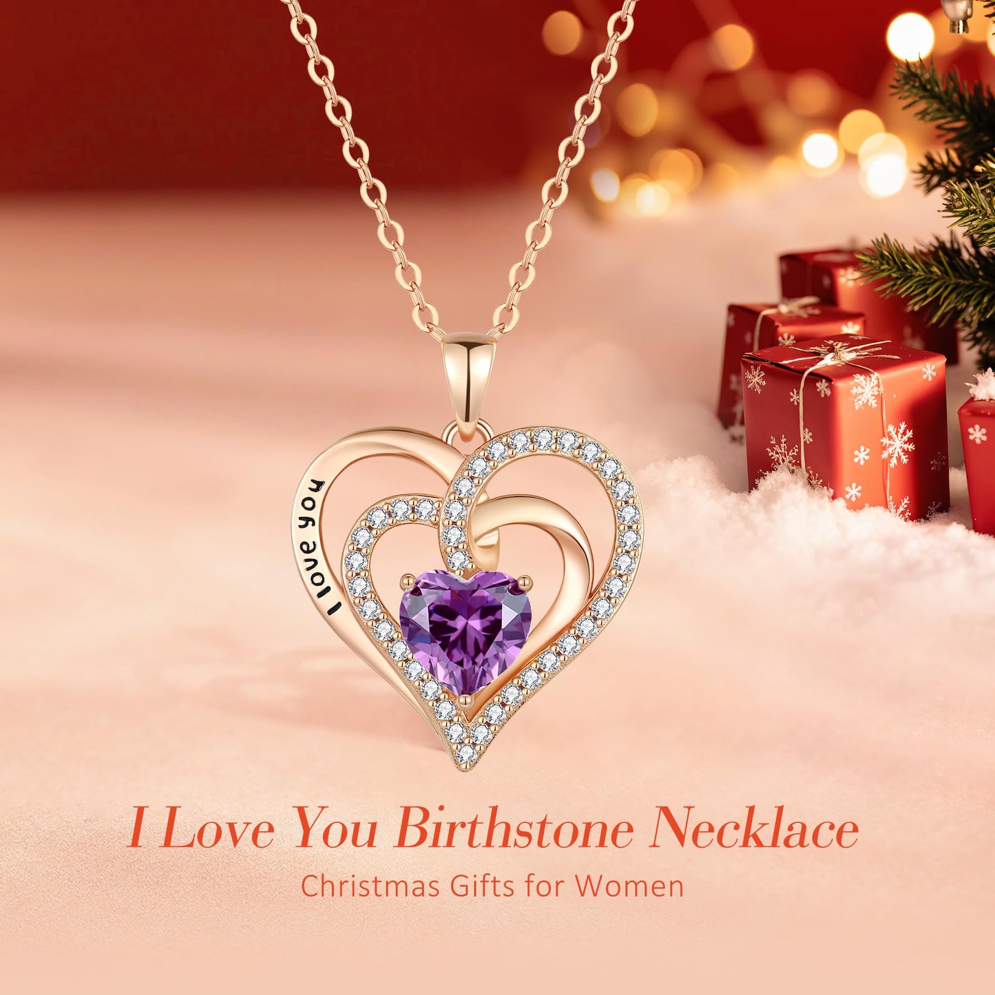 Lomantise Christmas Gifts for Wife Amethyst Heart Birthstone Necklace for Women 925 Sterling Silver Wife Jewelry Rose Gold I Love You Pendant Anniversary Birthday Gift for Her