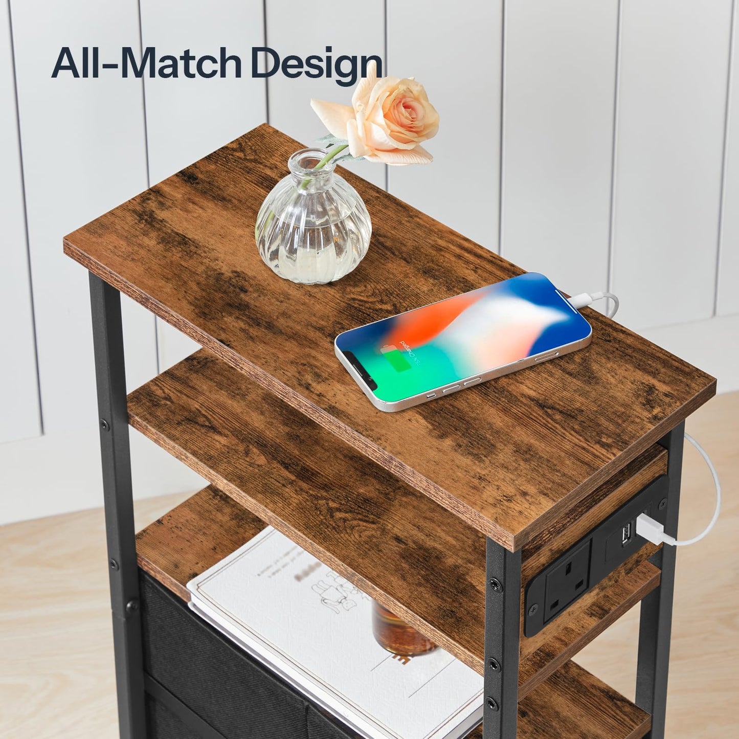 HOOBRO Side Table with Charging Station, Narrow Side Table with 2 Non-Woven Drawers, USB Ports and Power Outlet, 40 x 18 x 60 cm Slim Bedside Table for Small Space, Rustic Brown and Black EBF132KBZ01