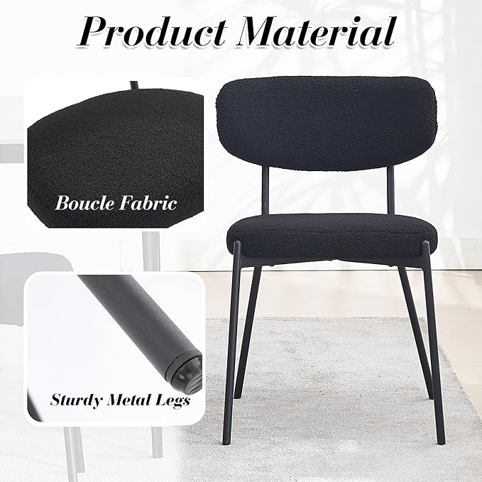 KCC Boucle Dining Chairs Set of 2, Modern Mid-Century Upholstered Stylish Kitchen Chairs Sherpa Accent Diner Chairs with Metal Legs and Curved Back for Kitchen, Dining Room(Black)