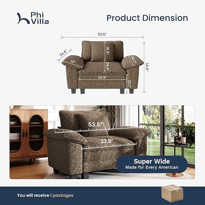 PHI VILLA Oversized Single Sofa with Deep Seat, Armchair for Small Spaces Bedroom Reading Modern, 1 Seater Comfy Reading Accent Chair, Chenille Fabric, Taupe