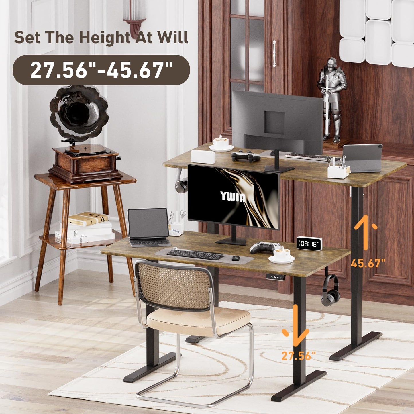 Ywin Electric Height Adjustable Standing Desk with Wheels, 63 x 24 inches Ergonomic Stand Up Desk for Home Office