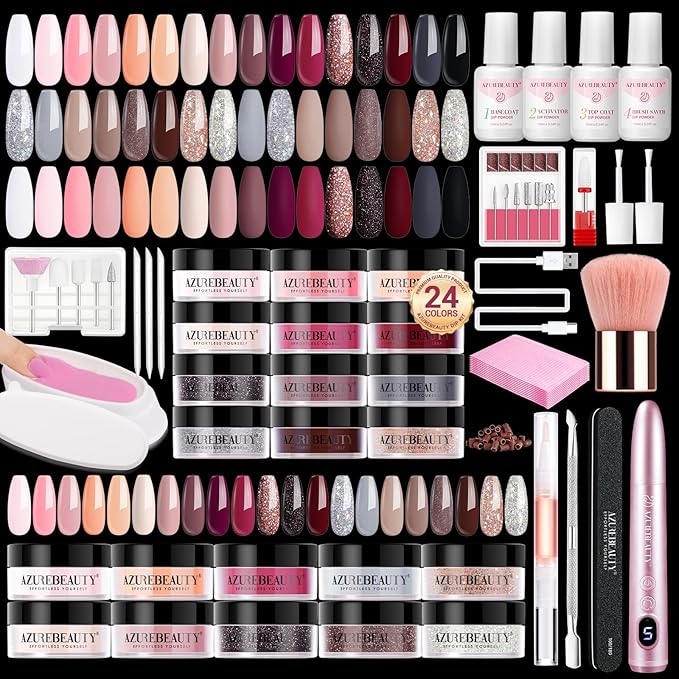 AZUREBEAUTY Dip Powder Nail Kit with Electric Nail Drill, 24 Colors Nude Pink Glitter Nail Powder Starter Kit with Dip Liq...