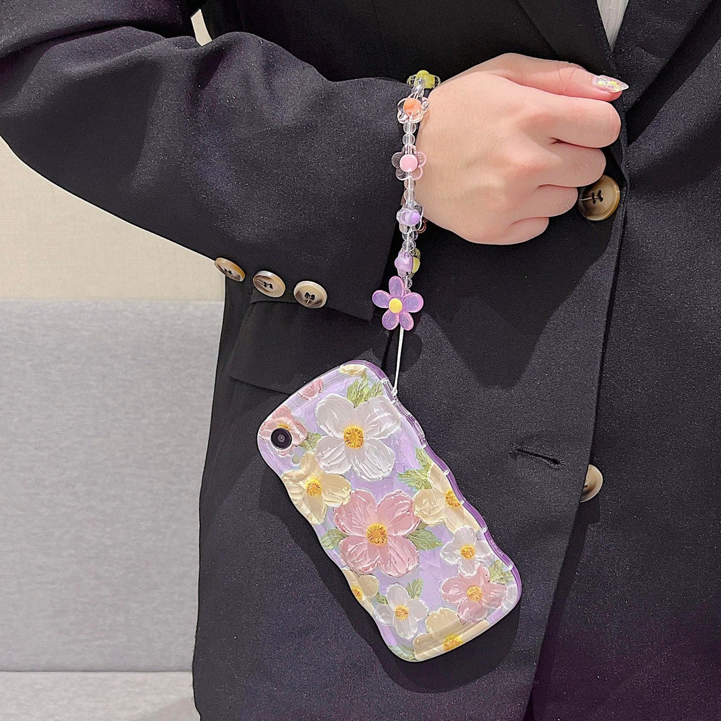 For Iphone Xr Curly Wavy Case, Cute Colorful Retro Oil Painting Flower Glossy Pattern [With Bead Chain], Slim Fit Shockproof Pro