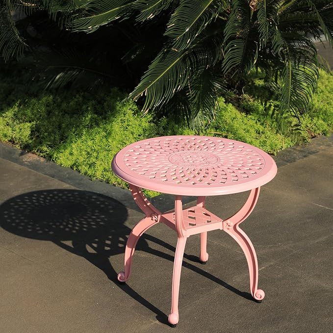 WILOUNGE Cast Aluminum Outdoor Side Table,Small Patio Table,Outdoor Coffee Tables for Patio,Garden,Balcony, for All Weather(Pink, Round)