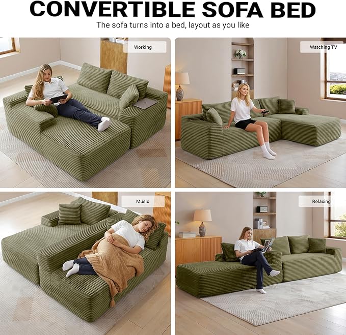 108 Inch Cloud Sectional Couch,Modern Modular Sectional Sofa with Deep Seat,Corduroy Boneless Couches with L-Shape Chaise for Living Room,No Assembly Required (Green, Right Facing Chaise)