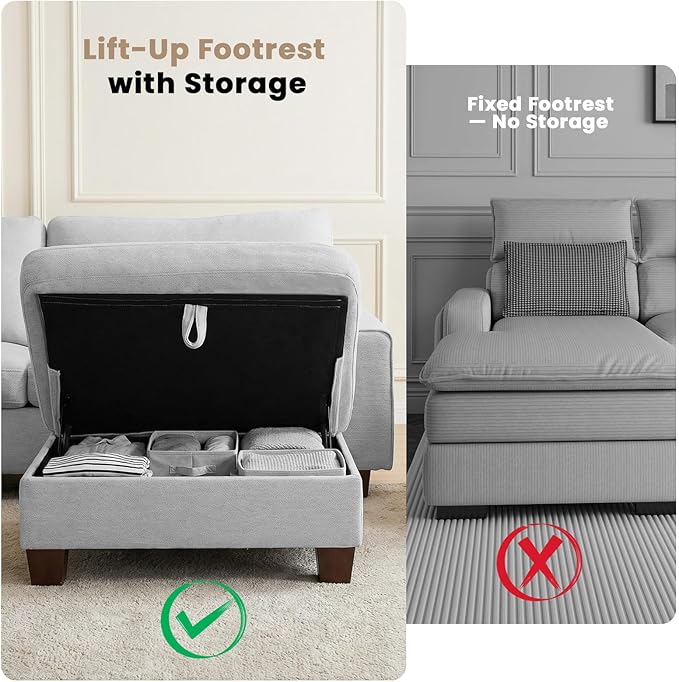 DOPEDIO L-Shaped Sectional Sofa with Storage Ottoman, Modern Chenille Recliner Loveseat, Removable Couch Covers, Pocket Spring Cushions, Solid Wood Frame, Easy to Install (88.58inch, Light Gray)