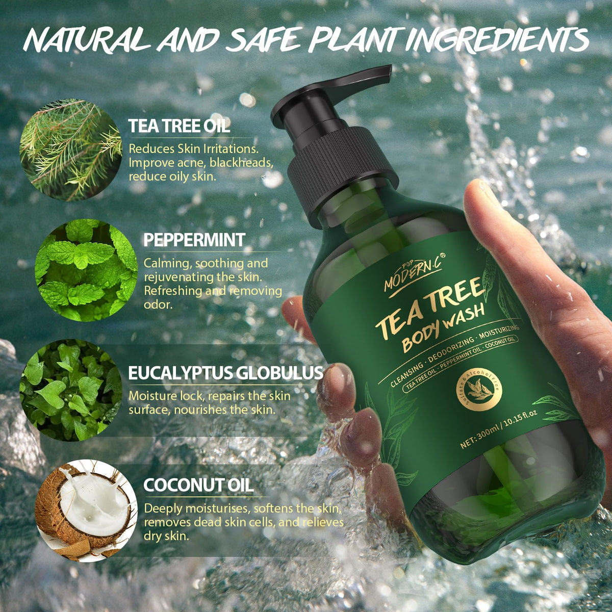 Tea Tree Oil Body Wash Natural Organic Mint Eucalyptus Coconut Oil Shower Gel for Men Women Soothes Irritation Moisturizes Dry H