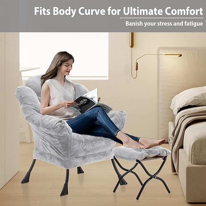 Youtanic Lazy Chair with Folding Ottoman, Accent Chair Plush Upholstered with Metal Structure and Non-Slip Pads, Sofa Armchair with Footrest and Side Storage Bag for Dorm, Room, Office, Light Gray