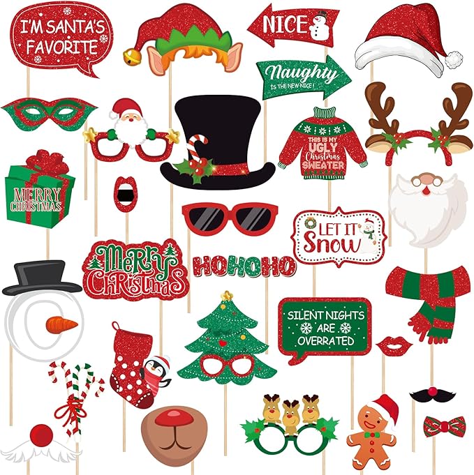 Glitter Christmas Photo Booth Props 30pc Set Photo Backdrop Christmas Party Selfie Prop for Holiday Xmas Party Supplies