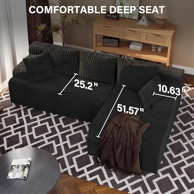 LAUSAINT HOME 96" Modular Sectional Sofa Couches, L-Shaped Boneless Cloud Sofa with 3 Deep Seat, 5 Cushiones Oversized Chaise for Living Room, Bedroom, Plush Corduroy Fabric (Right, Black)