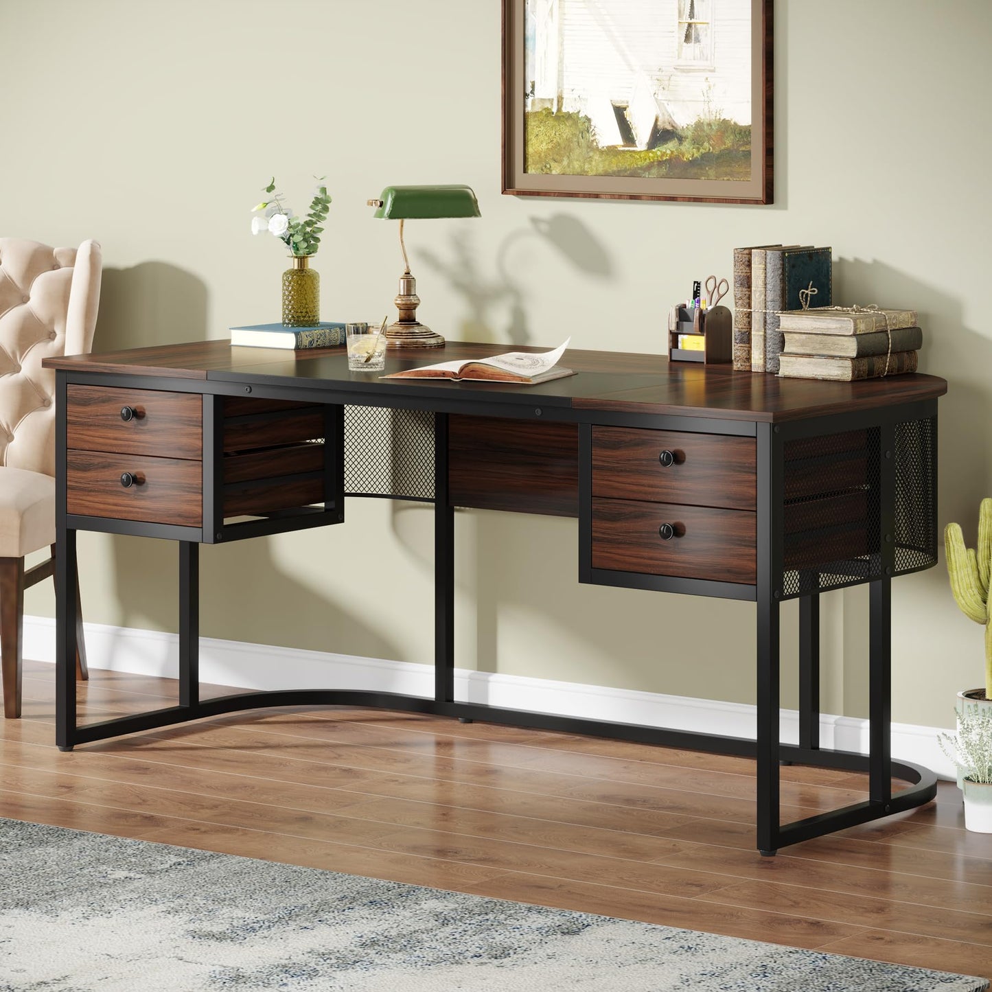 Tribesigns 63-Inch Executive Desk with 4 Drawers, Large Home Office Desk Computer Desk, Business Furniture Desk Workstation for Home Office, Dark Walnut