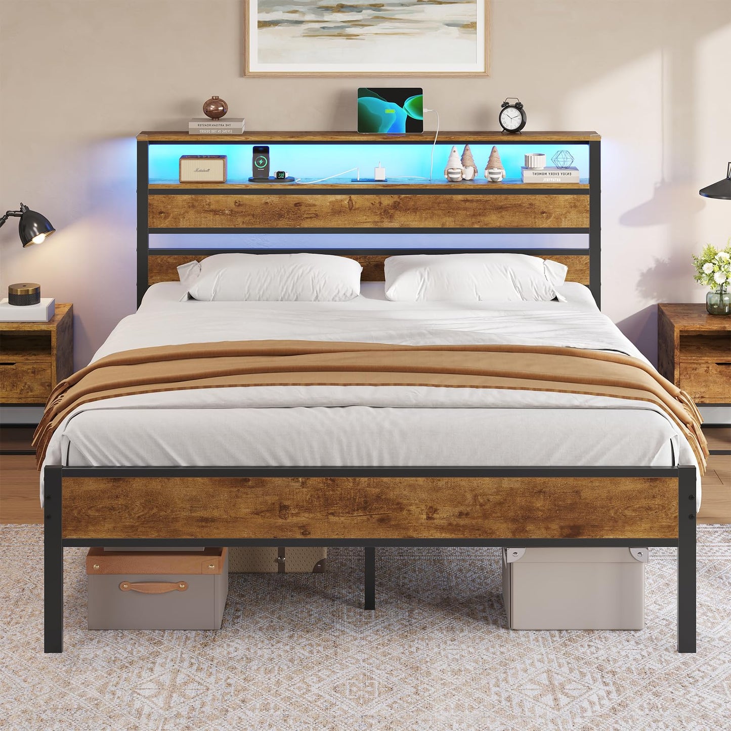 DICTAC 18 Inch Full Bed Frames with Charging Station and LED Light, Wood Headboard with 2-Tier Storage Shelves, Full Size Platform Bed Frame with Metal Slats, No Box Spring Need, Easy Assembly