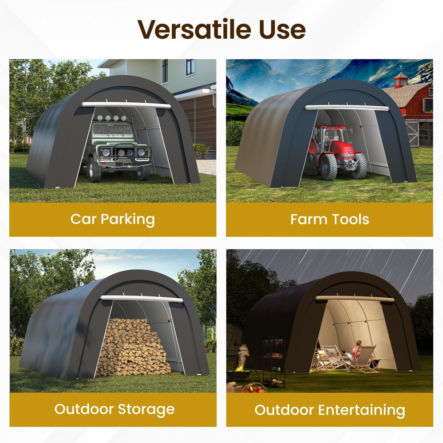 Kiss the Water Carport, Round Portable Garage, Steel Heavy Duty Carport with Ground Stakes, Tensioner and 2 Roll Up Windows PE Fabric Car Port, Tent for Storage, Storage Shed, Garage, SUV (13x20 Ft)
