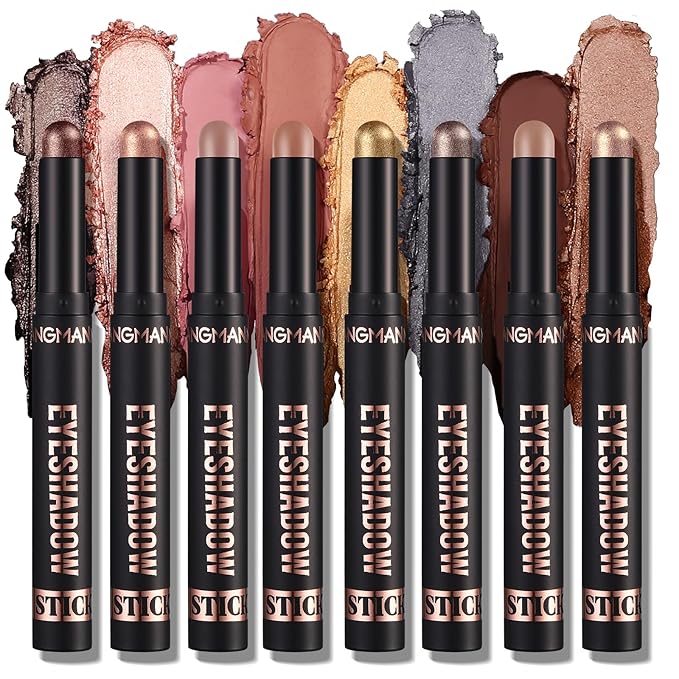LANGMANNI 8 PCS Soft Smooth Cream Eyeshadow Stick Gift Set,Matte Earth Color+Bright Metal Color Contour Stick,Waterproof & Long-Lasting Eyeshadow (#B)