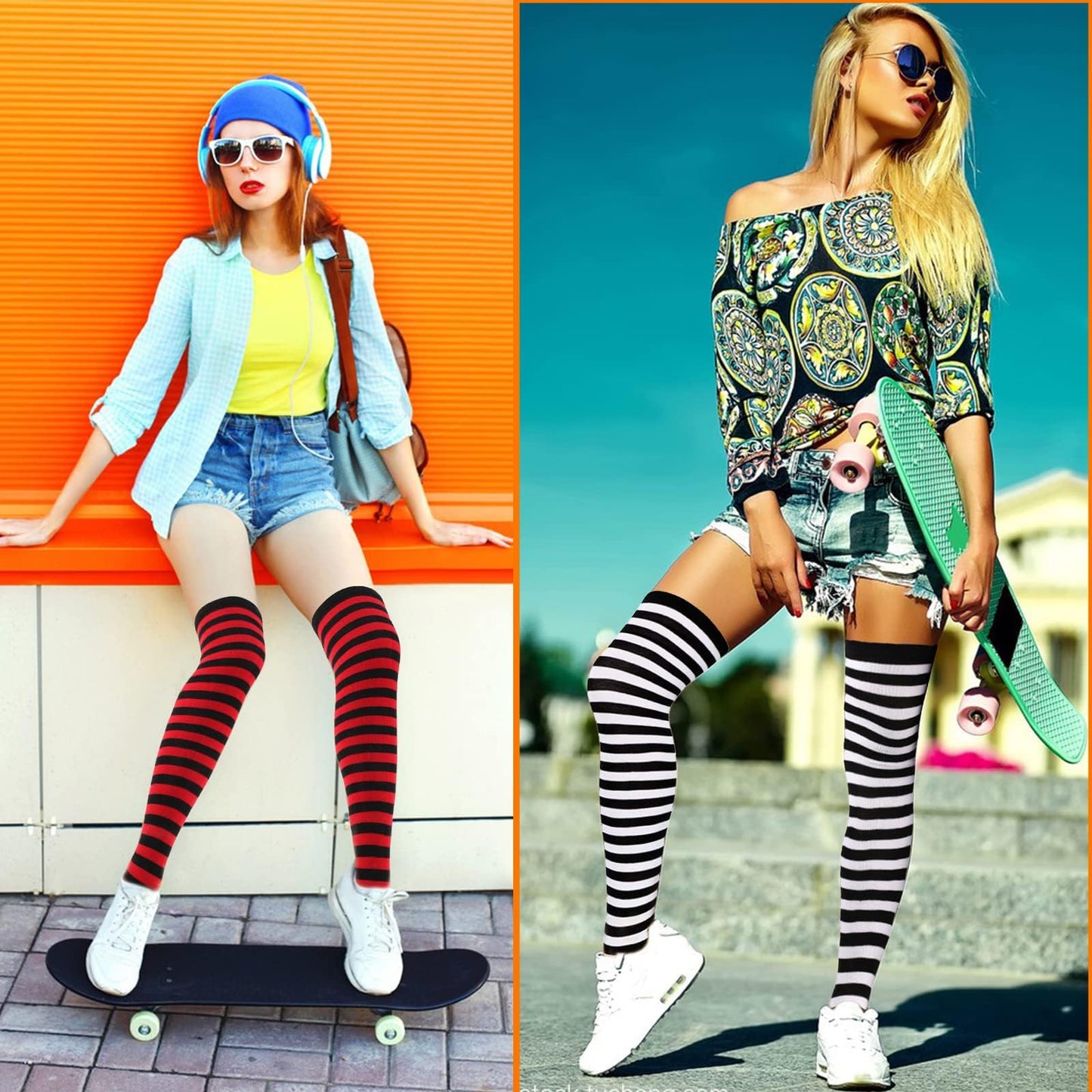 Barrlves 2/4 Sets Womens Striped Knee High Socks Long Knitted Arm Warmers Fingerless Gloves for Halloween Costume (2sets Rose+Neon)
