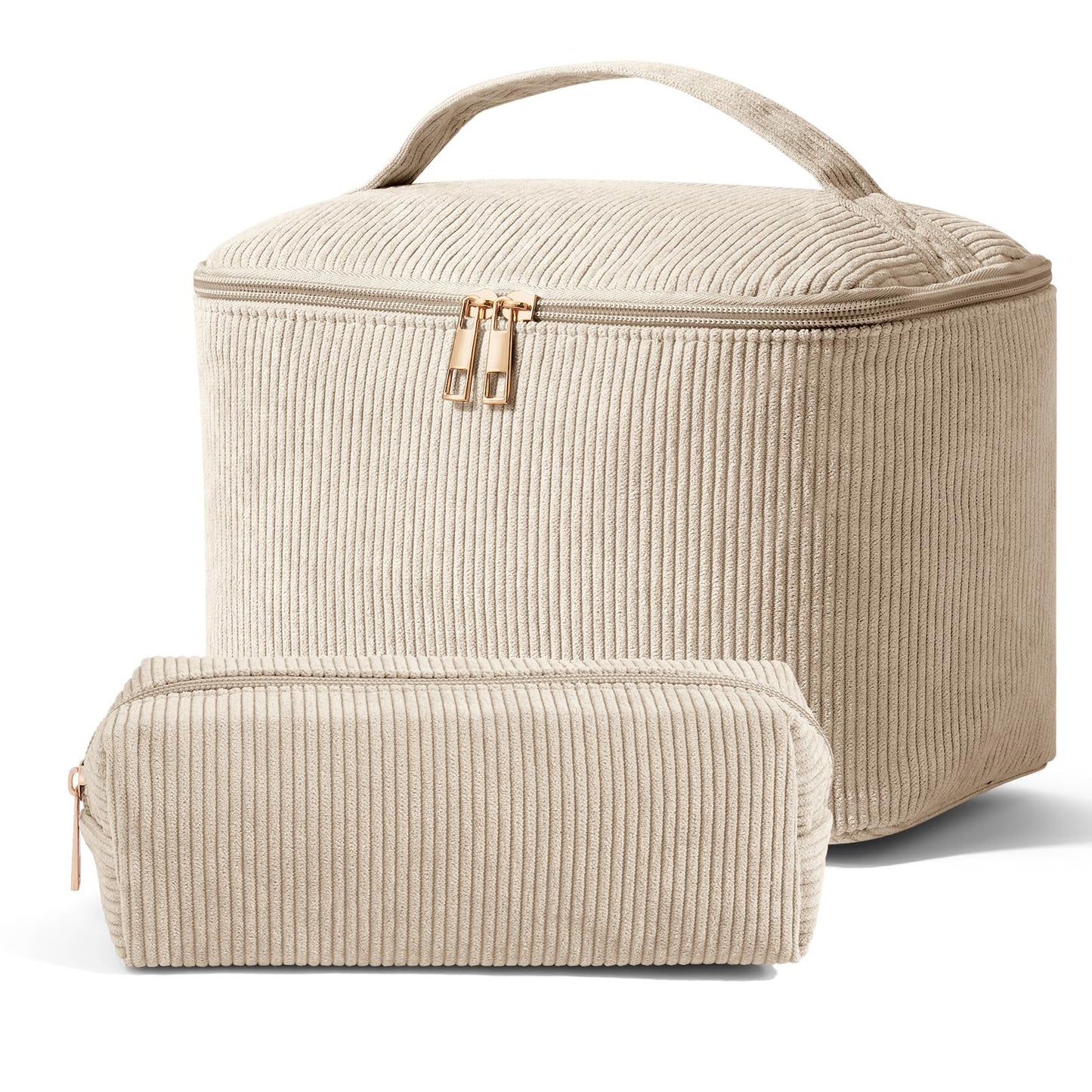 MAGEFY 2Pcs Makeup Bag,Cosmetic Bag Large Capacity with Handle Small Makeup Bag for Purse, Travel Makeup Pouch for Women,Beige