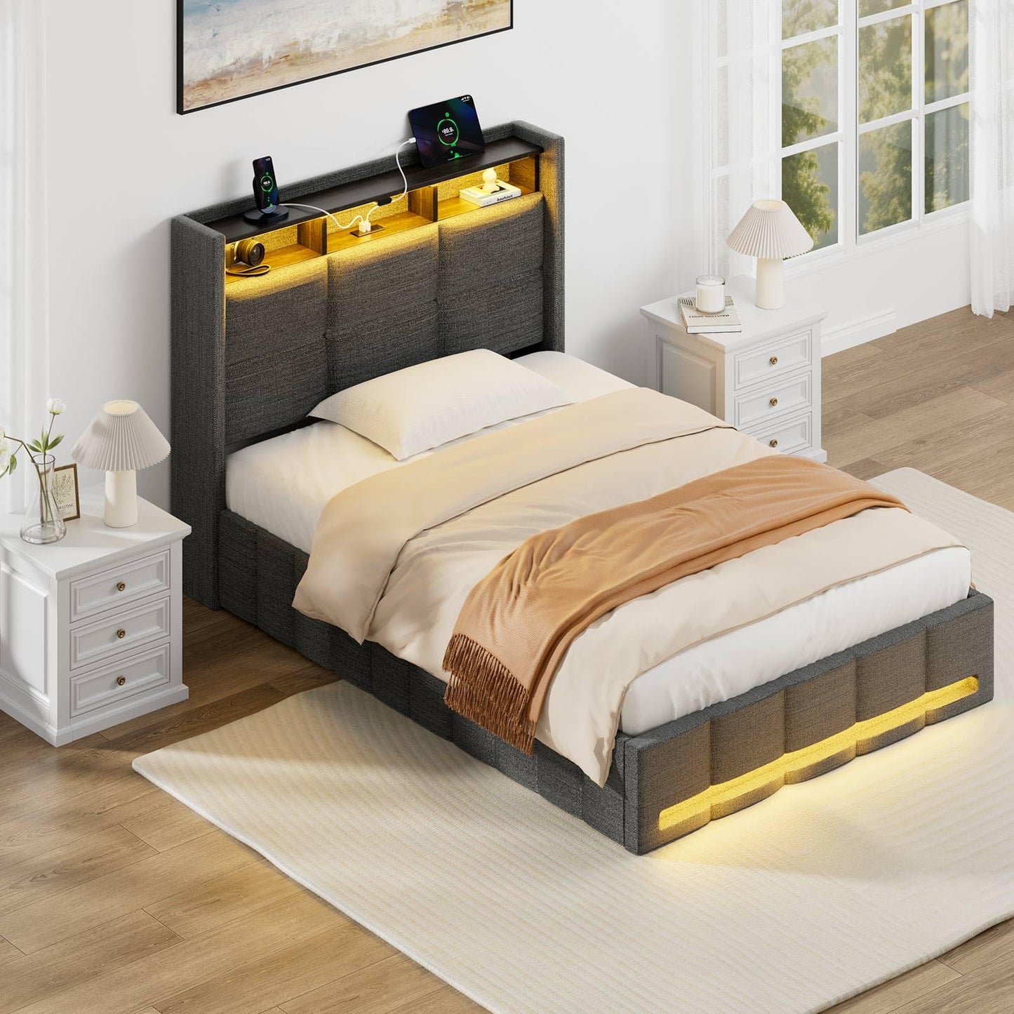 GREENSTELL Lift Up Storage Bed with LED Lights & Charging Station, Modern Wingback Headboard, Hydraulic Support, No Box Spring Needed,Twin,Grey