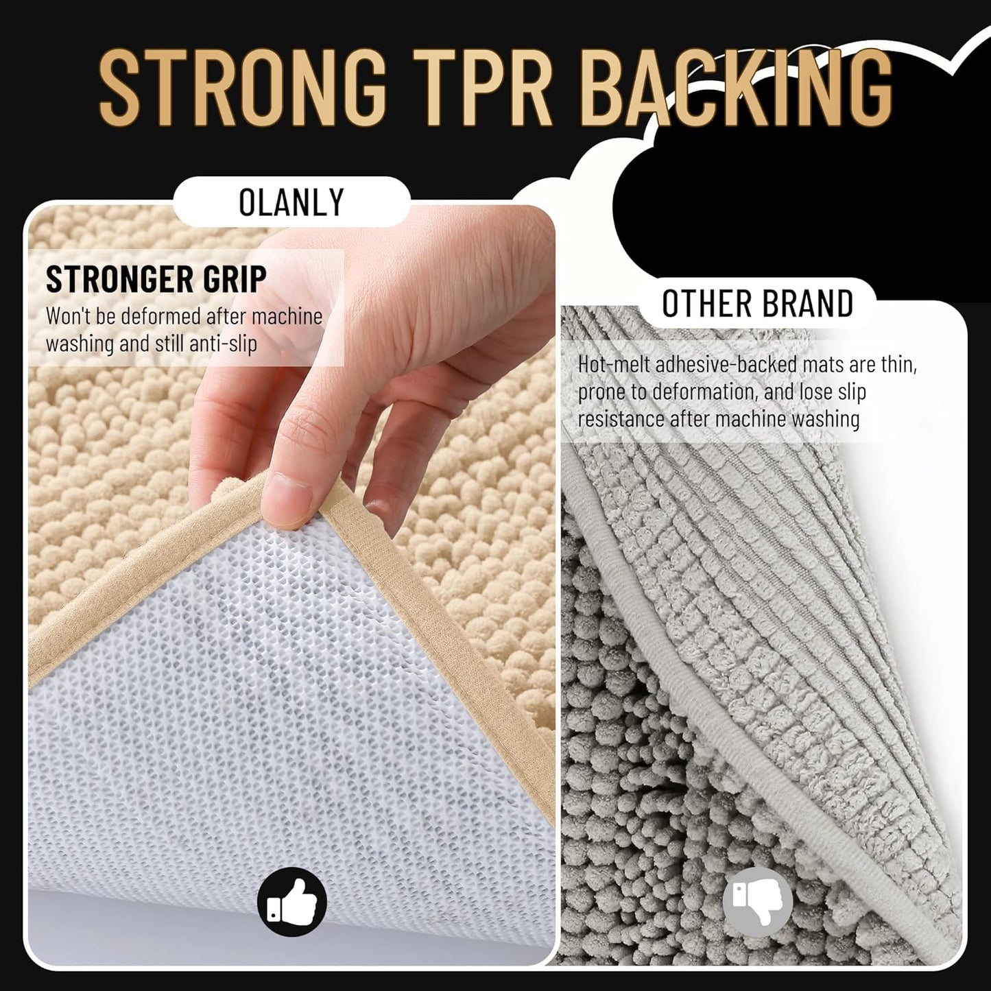 OLANLY Thick Bathroom Rugs 70x24, Extra Soft Absorbent Chenille Striped Bath Rugs, Rubber Backing, Machine Wash Dry, Bath Mats for Bathroom Floor, Tub and Shower, Home Decor Accessories, Beige