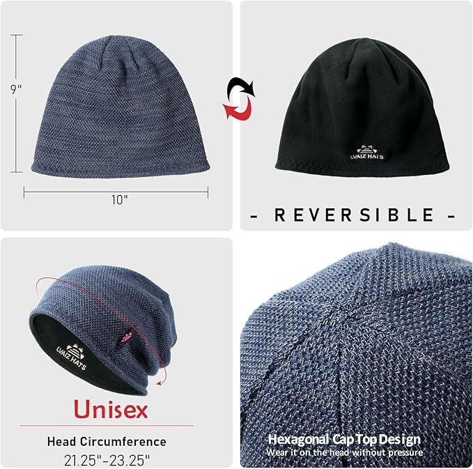 Lvaiz Mens Winter Beanie Hat Warm Fleece Lined Skull Cap for Men Reversible Women Windproof Watch Hat Knit Warm Unisex Beanie