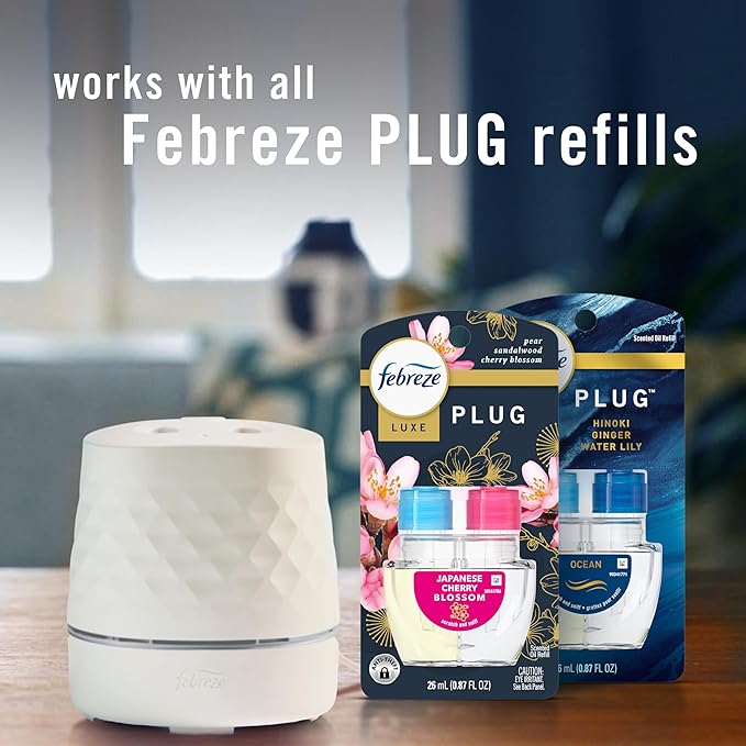 Febreze Plug Scent Booster Starter Kit, Oil Diffuser, Air Freshener Plug in, Giftable for Holidays, Continuous Scent Device + 2 Downy Calm Refills