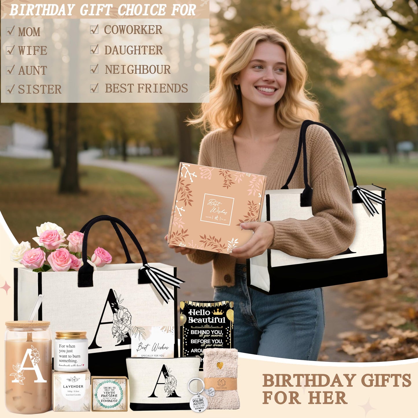 Birthday Gifts for Women, Monogrammed Initial Gift for Teacher Wife Mom, Tote Bag,Glass Cup Gift Basket Personalized Christmas Mother's Teacher Appreciation Day,A
