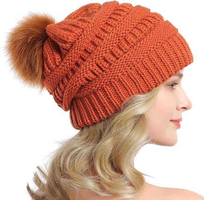 QUEENFUR Women Knit Slouchy Beanie Chunky Baggy Hat with Faux Fur Pompom Winter Soft Warm Ski Cap