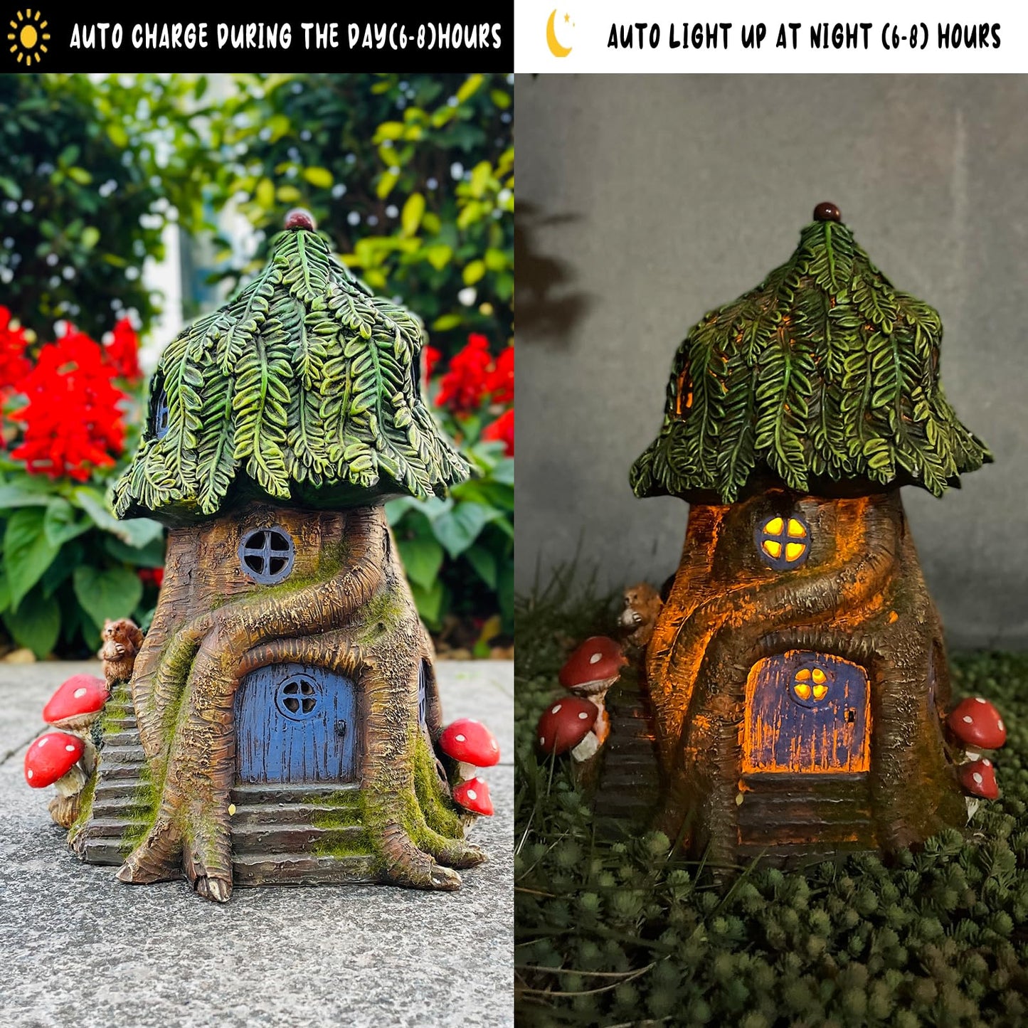 COWOS Solar Light Fairy Tree House, Fairy Garden House Statues,Tree House Figurines with Solar Light for Indoor Outdoor Art Decorations, Patio Yard Lawn Ornaments Gift