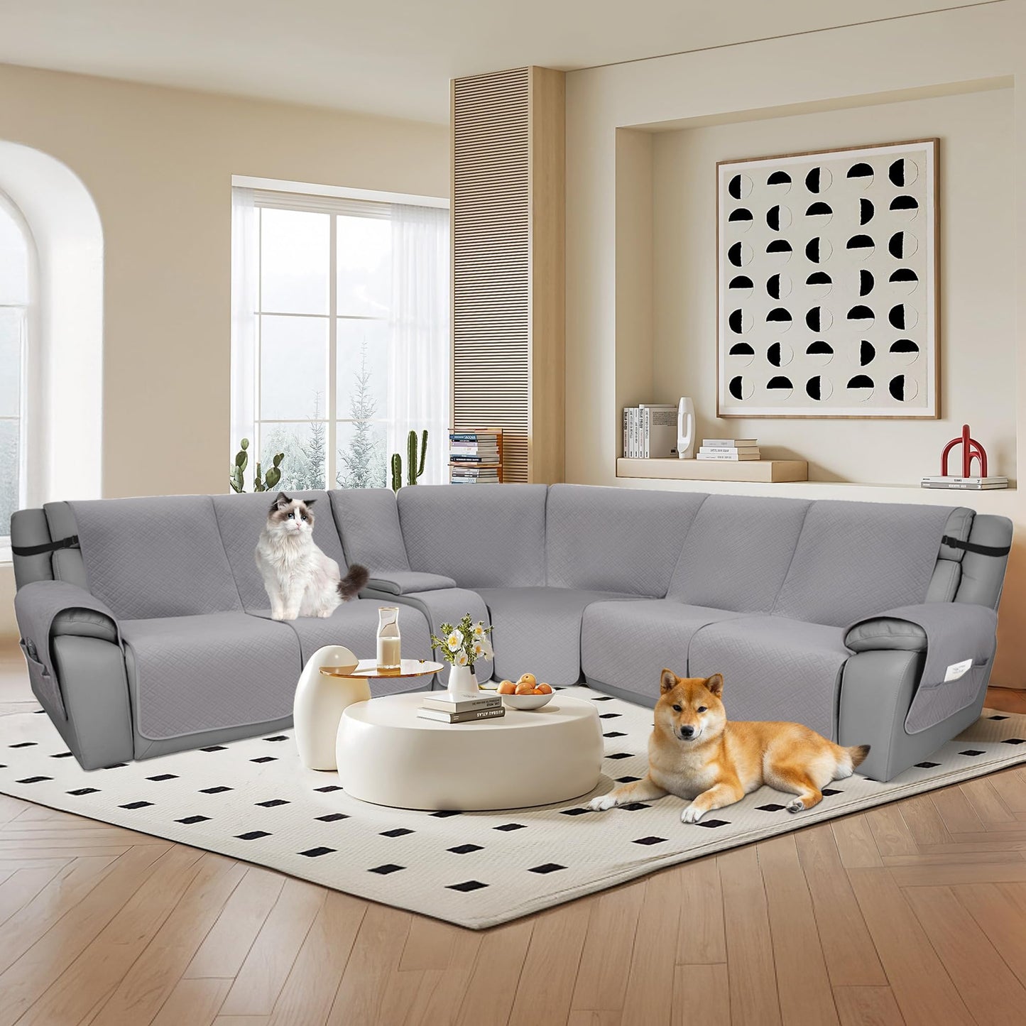 YUEVELLA Velvet 1OO% Waterproof Reclining Sectional Couch Covers for Sectional Sofa L Shape 8-Piece Quilted Corner Recliner Sofa Cover Slipcovers Set Washable (5 Seater with 1 Console, Silvery Grey)