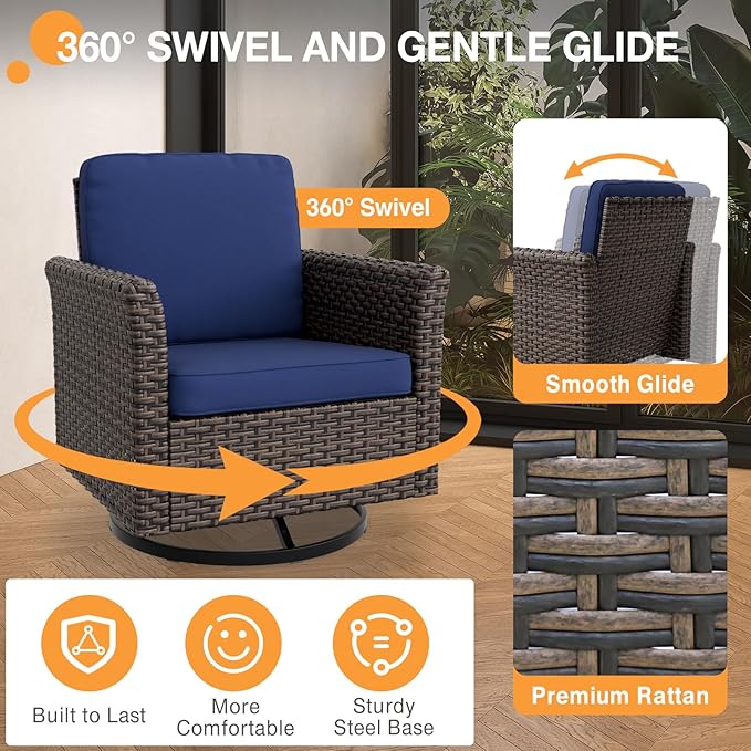 COOS BAY Harbor Retreat 8 Piece Outdoor Furniture Set, Patio Conversation Set with 4 Swivel Rocking Chairs, 3 Seat Couch, Side Table & Ottomans, Wicker Furniture, Brown/Blue