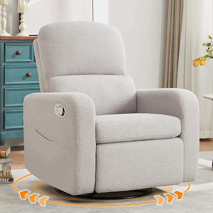 AEMEIOS Swivel Rocker Recliner, Oversized Teddy Manual Nursery Glider Rocking Recliner with Removable Cushion, Upholstered Boucle Swivel Reclining Chair for Nursery Living Room Bedroom, Teddy Gray
