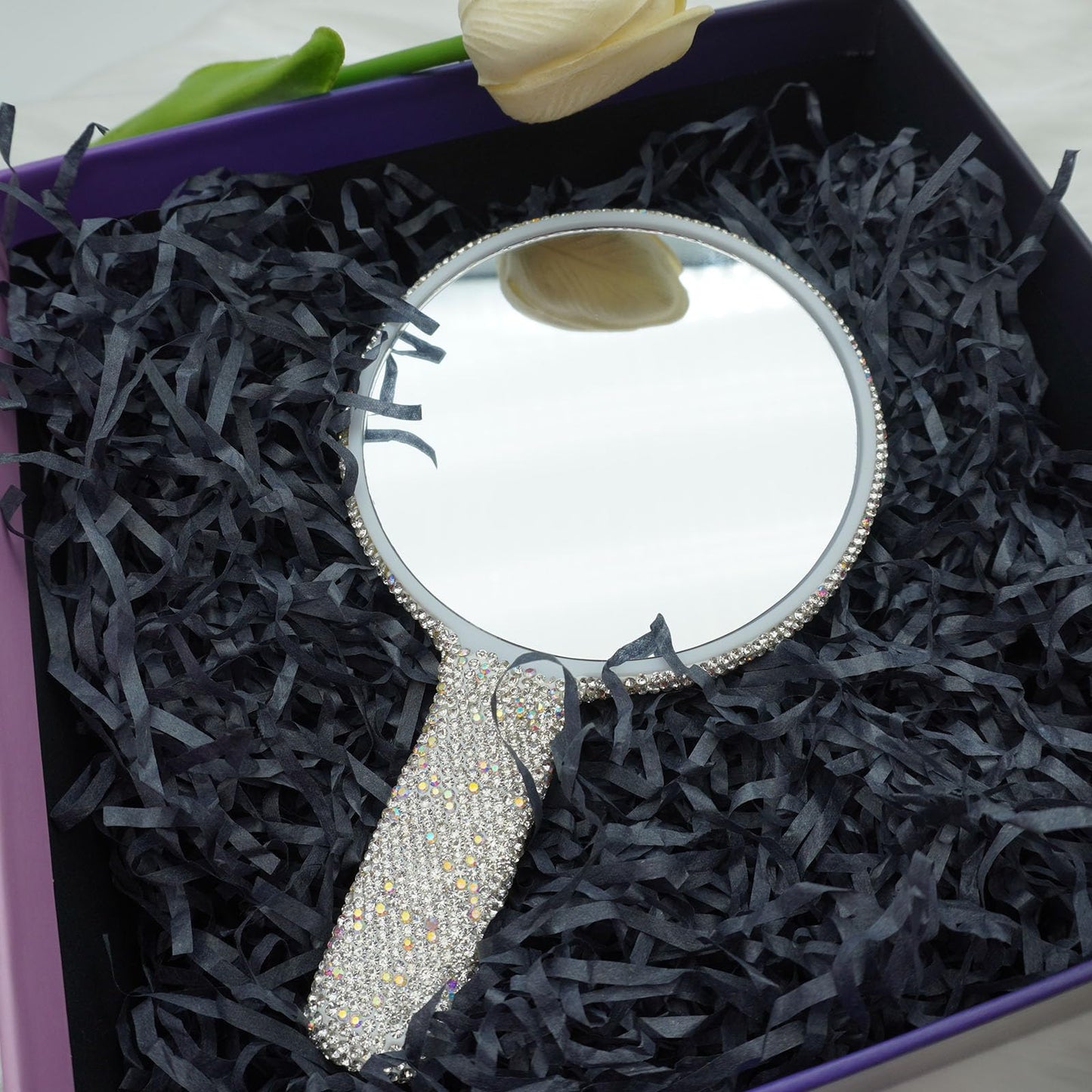 Frinnovan Large Rhinestone Handheld Mirror Bling Glitter Cosmetic Dazzling Portable Hand Mirrors with Handle for Women Wedding S